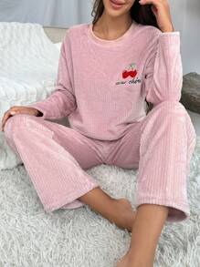 Women's Cherry & Letter Embroidery Pajama Set - Pink - View 3