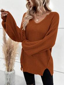 SHEIN LUNE 落肩袖下擺開叉套頭毛衣 - 橘色 - 查看 3