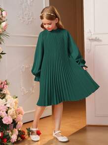 SHEIN Leap Crew 女大童1入組後綁帶喇叭袖百褶洋裝 - 綠色 - 查看 3