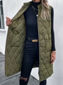 SHEIN LUNE 女士洋葱圈形加垫羽绒背心，双口袋，长款 - 綠色 - 查看 8