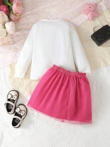 SHEIN Cô Gái Trẻ Đồ họa Chữ cái Áo nỉ & Lớp phủ lưới Váy - trắng - Xem 2