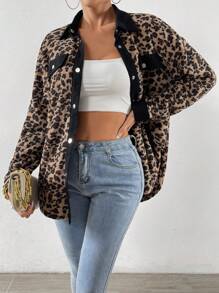 SHEIN LUNE 豹紋印花落肩袖翻蓋細節撞色滾邊外套 - 彩色 - 查看 6