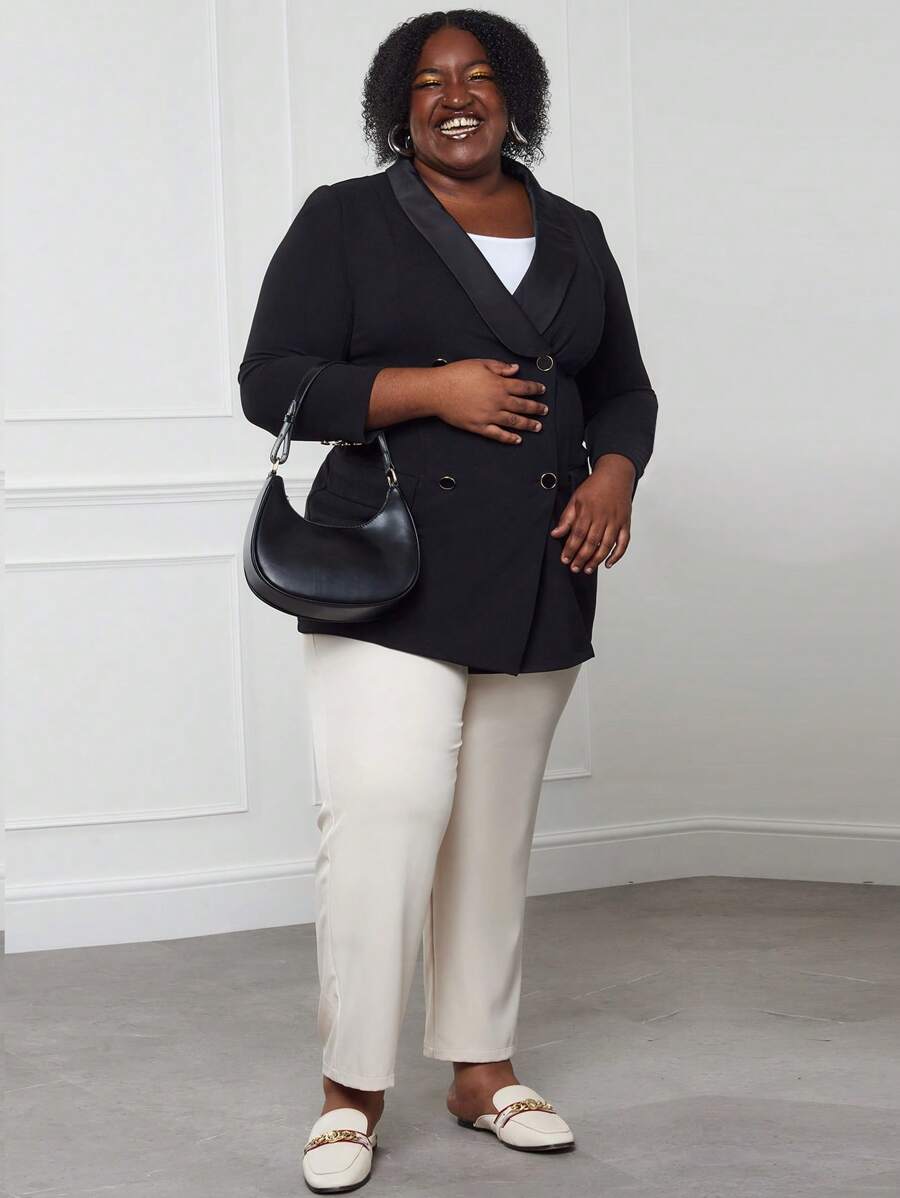 BizChic Plus Shawl Collar Double Breasted Blazer Dress - Black - View 1