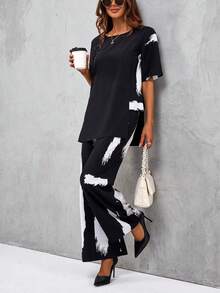 SHEIN Clasi 筆刷圖案下擺開叉上衣&闊腿褲 - 黑色 - 查看 5