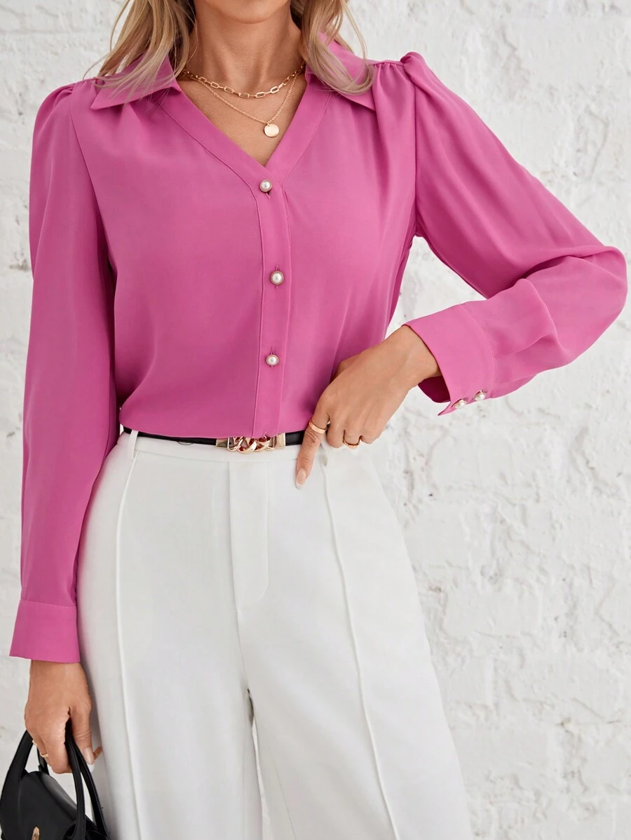 SHEIN Frenchy Của phụ nữ Ống tay áo Áo sơ mi Với Cổ bẻ - Màu Hồng Tươi - Xem 1