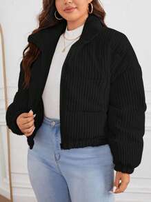 SHEIN Essnce Plus Size Padded Coat With Diagonal Pocket And Front Zipper, For Winter Fall Autumn - Black - View 5