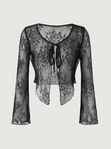 VaVaBold Lace Flower Long Sleeve Blouse - Black - View 1