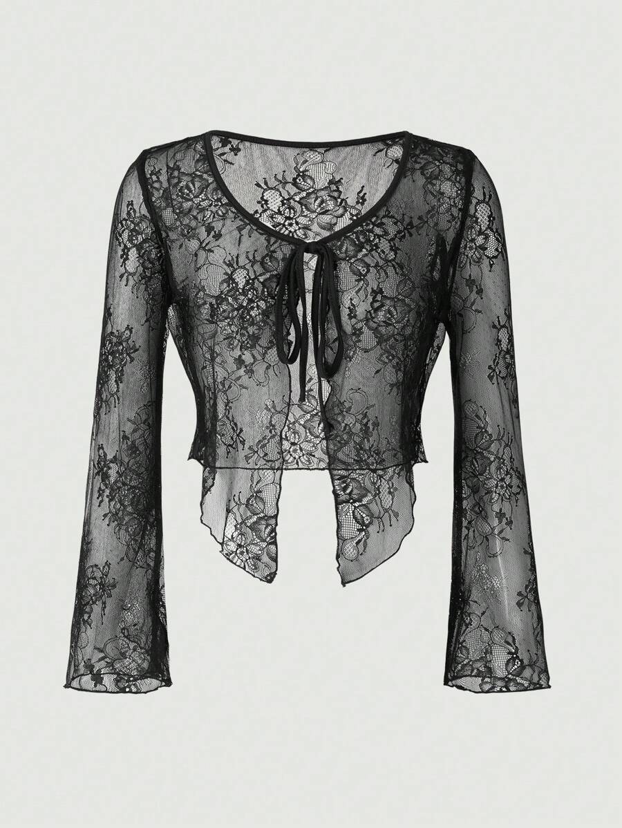 VaVaBold Lace Flower Long Sleeve Blouse - Black - View 1