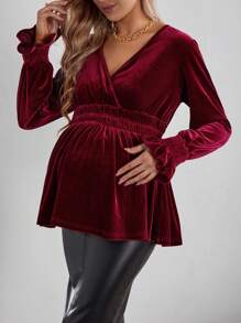 SHEIN Maternity Surplice Neck Flounce Sleeve Peplum Tee - Burgundy - View 1