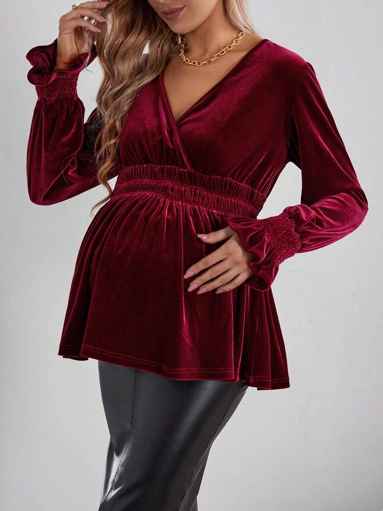 Maternity Surplice Neck Flounce Sleeve Peplum Tee