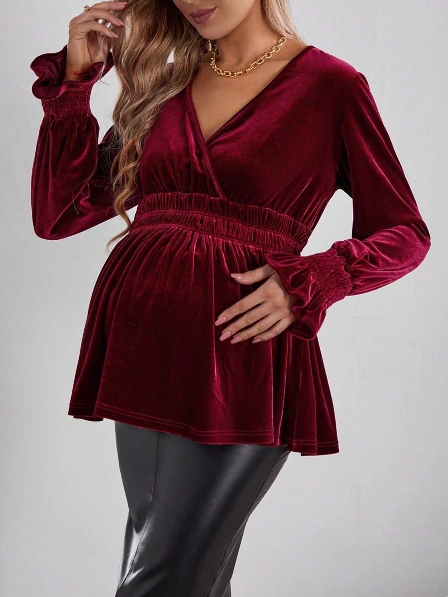 SHEIN Maternity Surplice Neck Flounce Sleeve Peplum Tee - Burgundy - View 1