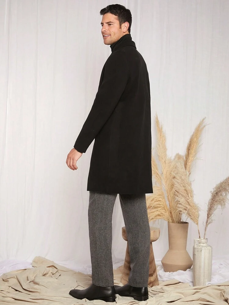 Loose Fit Men's Lapel Neck Solid Color Overcoat Without Scarf