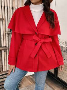 SHEIN Clasi Plus Overlay Single Breasted Belted Overcoat - Red - View 1