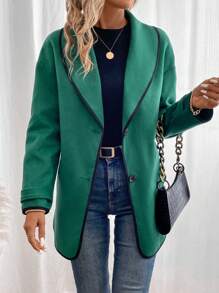 SHEIN LUNE 撞色绑带披肩领落肩大衣 - 綠色 - 查看 3