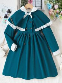 SHEIN 女大童褶邊雙排釦洋裝&披肩 - 軍綠色 - 查看 1