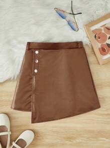 SHEIN 女大童紐扣細節不對稱下擺PU皮革半身裙 - 棕色 - 查看 1