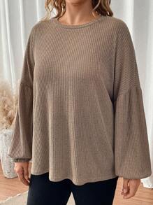 SHEIN LUNE Hơn Thả vai Dệt kim Waffle Áo thun - Màu Cam cháy - Xem 4