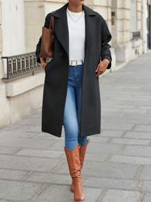 SHEIN Cottnline Lapel Neck Double Button Belted Overcoat - Black - View 5
