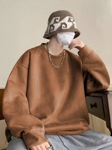 Manfinity Hypemode Nam Quá lớn Màu thuần Thả vai Áo nỉ - Cà phê nâu - Xem 4