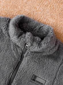 男小童字母補丁細節拉鍊法蘭絨夾克不帶T恤 - 灰色 - 查看 5