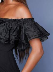 Hauture Schulterfreies Rüschen Kleid Mit Mesh-saum - Schwarz - Übersicht 4