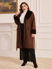 Modelyn 大尺碼女毛領腰帶拼色羊毛大衣 - 棕色 - 查看 3