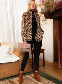 EMERY ROSE Abrigo teddy con patrón de leopardo con cremallera - Multicolor - Ver 5