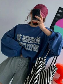 DAZY Letter Print Drop Shoulder Sweatshirt - Royal Blue - View 4