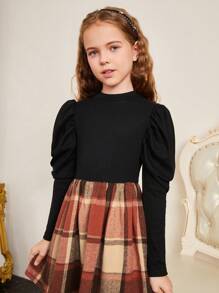 SHEIN 女大童格紋印花羊腿袖洋裝 - 鏽棕色 - 查看 5