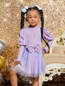 SHEIN Nhỏ bé Cô gái Lung linh Đan Vòng cổ Ống tay áo Lưới Đầm Đối với Phong cách đường phố - Màu tím hoa cà - Xem 4