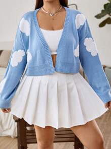 SHEIN Qutie Áo khoác cardigan hở vai họa tiết đám mây cỡ lớn - Màu xanh lam - Xem 7