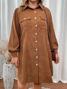 SHEIN LUNE Hơn Túi có nắp Tay áo lồng đèn Vải to sợi Váy sơ mi - Rỉ Nâu - Xem 4