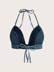 SHEIN ICON Tie Backless Halter Denim Top - Medium Wash - View 2