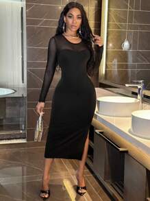 SHEIN Slayr Vestido ajustado de malla en contraste de muslo con abertura - Negro - Ver 1