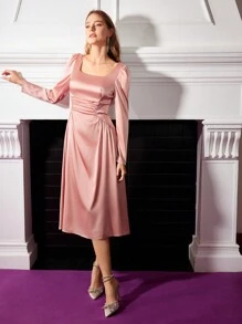 MOTF PREMIUM 方領褶皺腰身連衣裙 - 粉色 - 查看 9