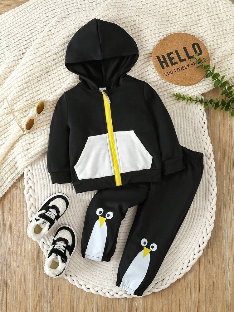 Baby Boy Two Tone Zip Up Hoodie & Cartoon Graphic Sweatpants