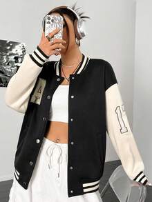 SHEIN Unity Chaqueta de béisbol casual de manga larga con botones delanteros y bolsillo de color contrastante para mujer - Multicolor - Ver 3