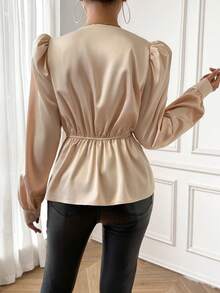 SHEIN Privé Women's Ruffle Peplum Hem Bubble Sleeve Work Women Blouse - Champagne - View 2