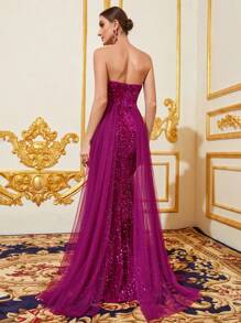 Contrast Sequin Mesh Panel Tube Formal Dress - Hot Pink - View 2