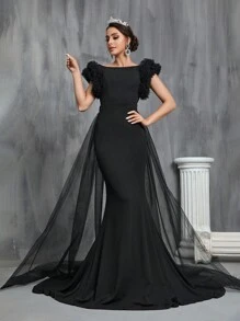 Ruffle Trim Floor Length Wedding Dress - Black - View 4