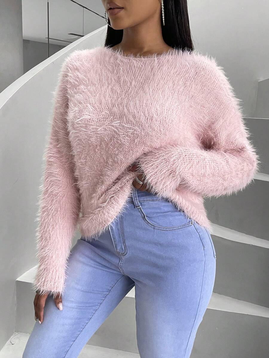 SHEIN Slayr Chất rắn Thả vai Đan mềm mại Áo len - Hồng - Xem 1