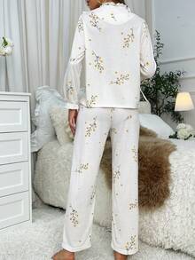 Women's Floral Print Ruffle Edge Tie Front Long Sleeve Long Pants Pajama Set - White - View 2