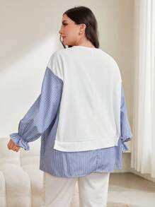 Mulvari Plus Striped Print Flounce Sleeve 2 In 1 Top
