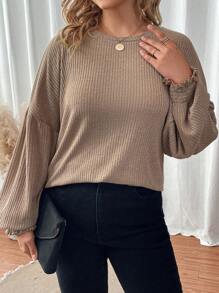 SHEIN LUNE Hơn Thả vai Dệt kim Waffle Áo thun - Màu Cam cháy - Xem 5