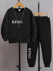 SHEIN 男小童字母圖案衛衣和衛褲 - 黑色 - 查看 1