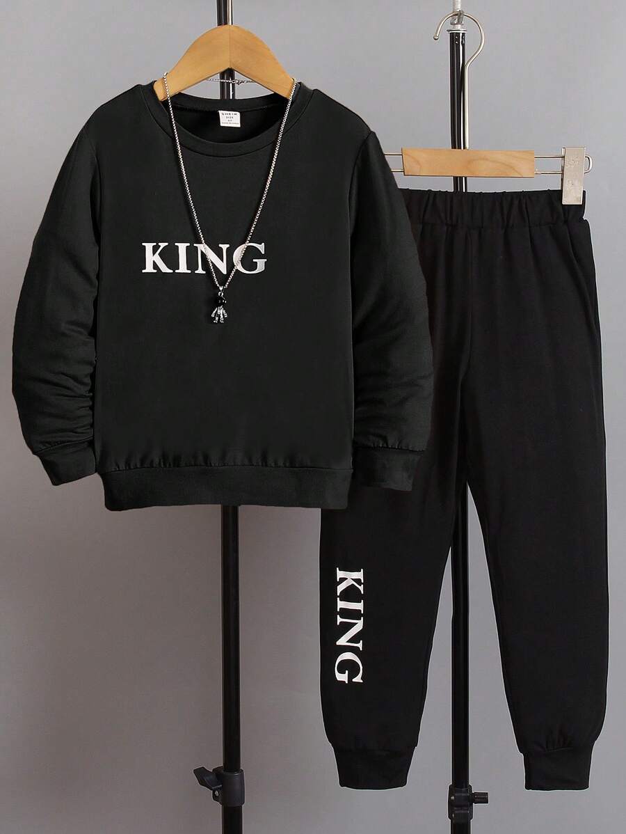 SHEIN 男小童字母圖案衛衣和衛褲 - 黑色 - 查看 1