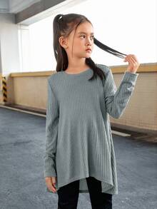 SHEIN Cô gái Tween Chất rắn Hem cao thấp Áo thun - Màu xanh Bạc hà - Xem 3