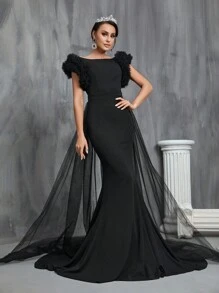 Ruffle Trim Floor Length Wedding Dress - Black - View 1