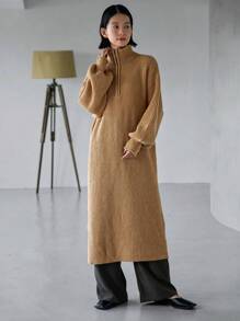 FRIFUL Half Zip Drop Shoulder Sweater Dress - Khaki - View 7