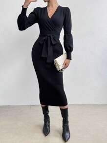 SHEIN Essnce Surplice Neck Belted Bodycon Sweater Dress - Black - View 4